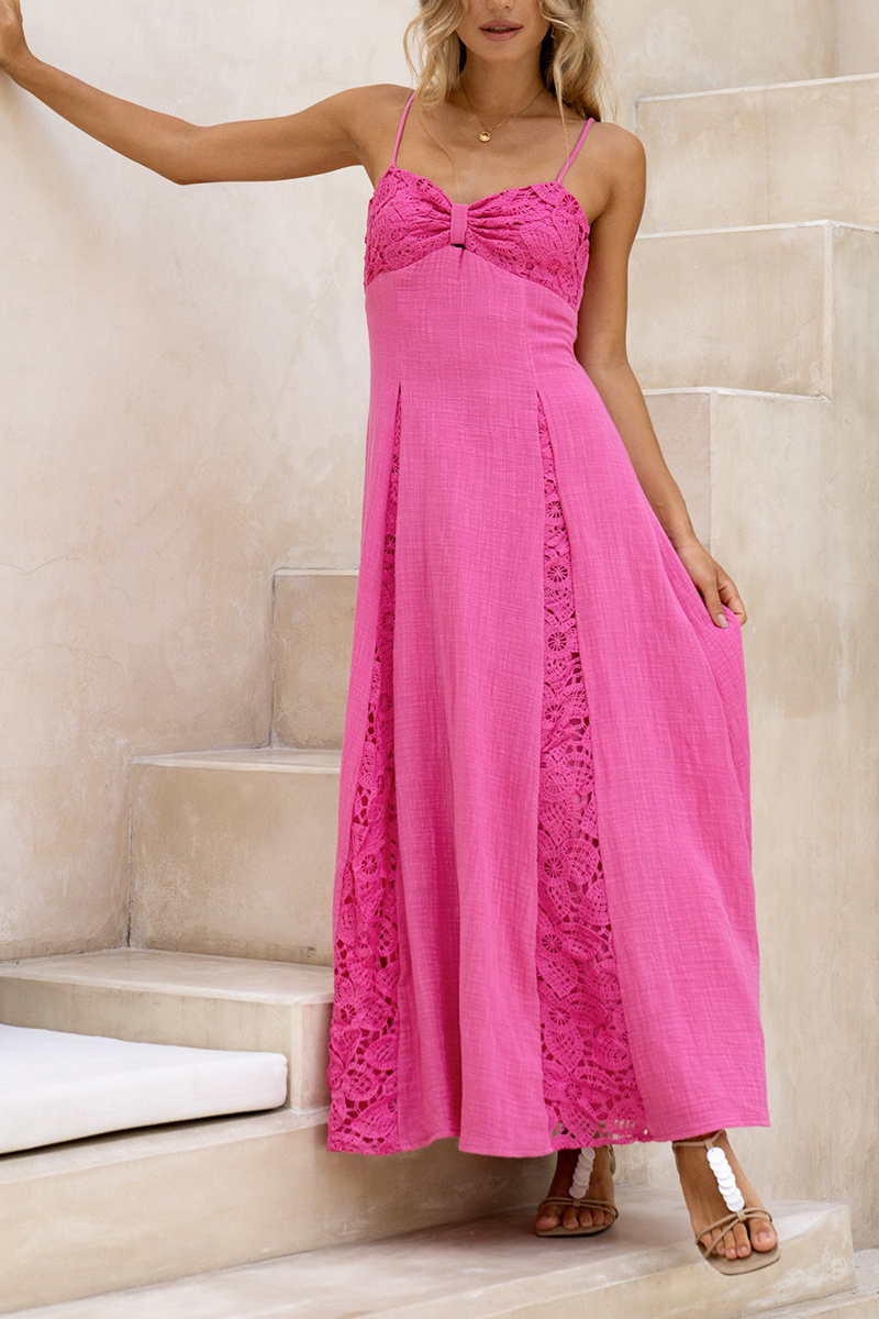 Women Strapless Sleeveless Patchwork Lace Print Elegant Casual Maxi Dress