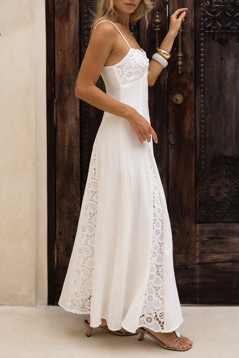 Women Strapless Sleeveless Patchwork Lace Print Elegant Casual Maxi Dress