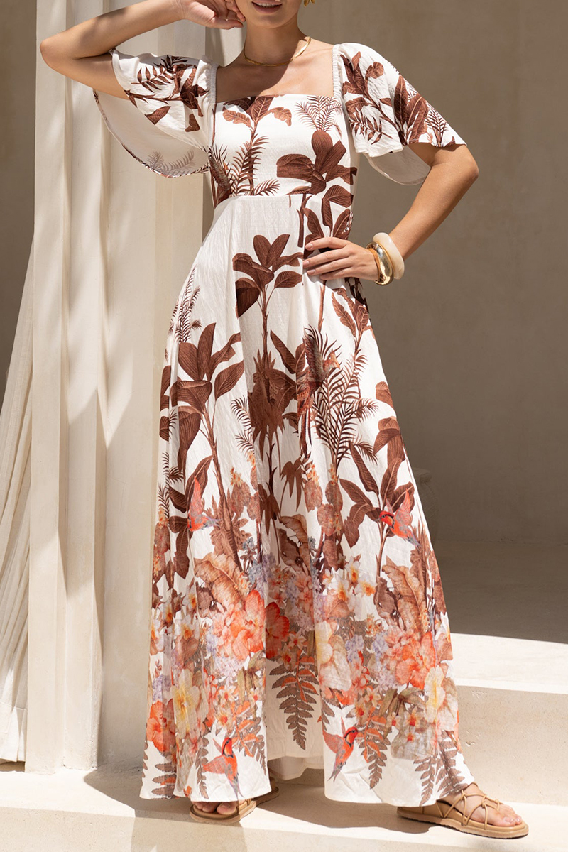 Women Square Collar Printed Half Sleeve Elegant Casual Maxi Dress