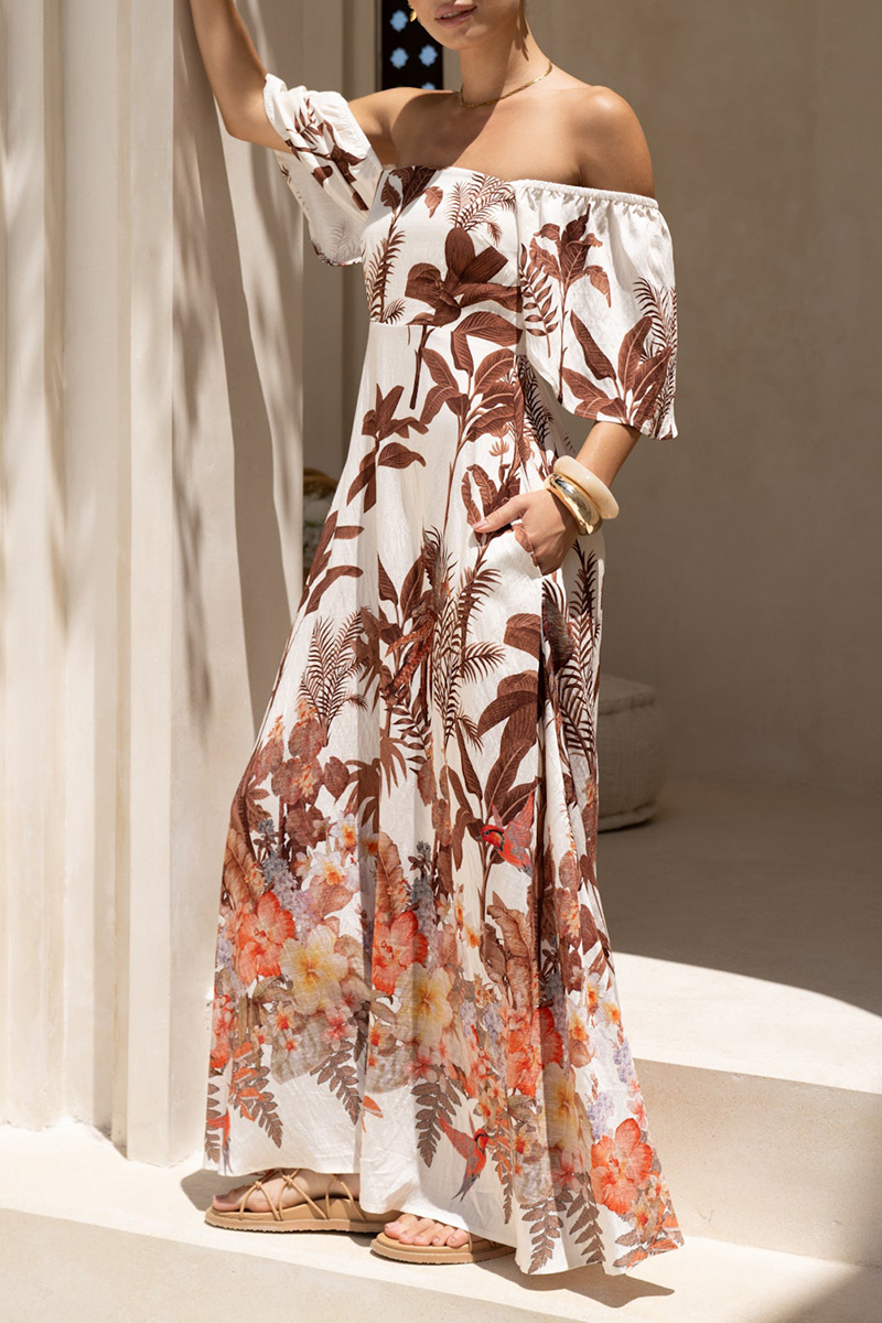 Women Square Collar Printed Half Sleeve Elegant Casual Maxi Dress