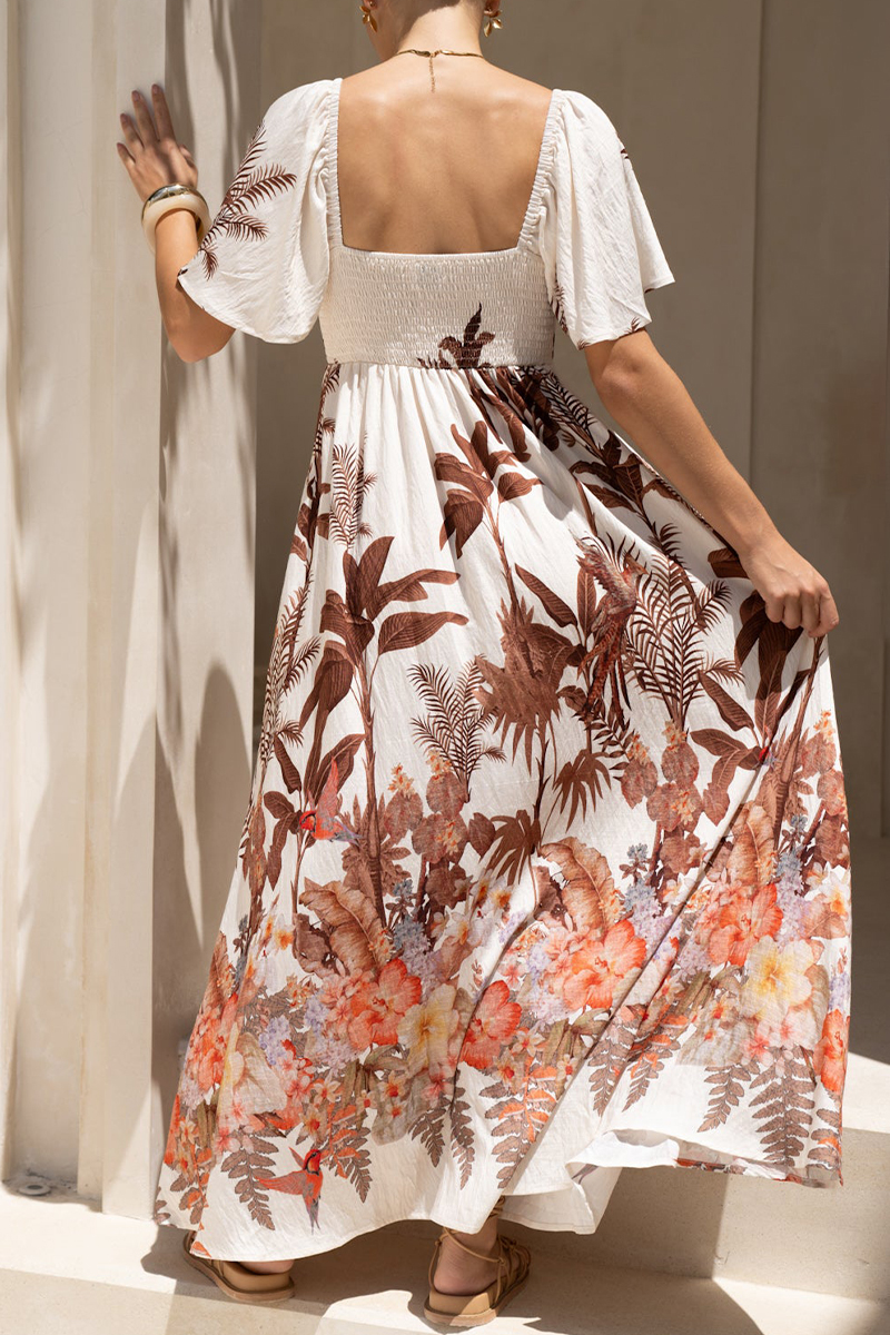 Women Square Collar Printed Half Sleeve Elegant Casual Maxi Dress