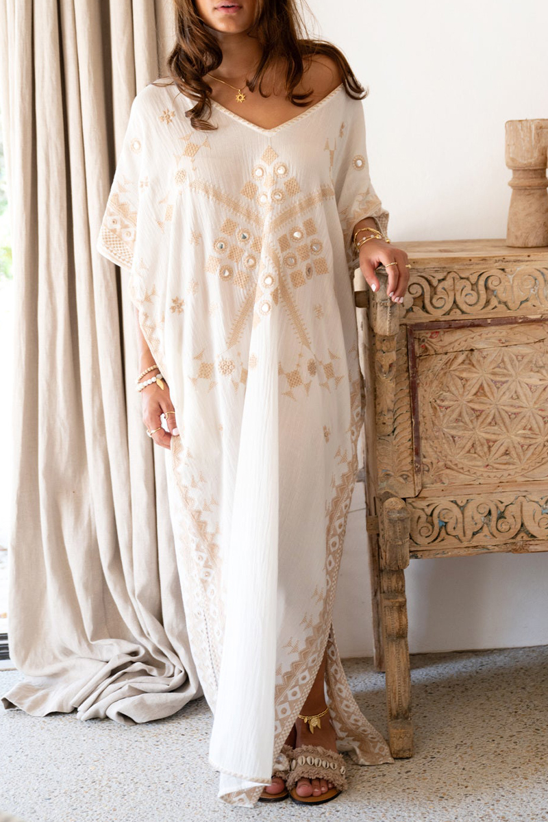 Women V-neck Printed Half Sleeve Elegant Casual Maxi Dress