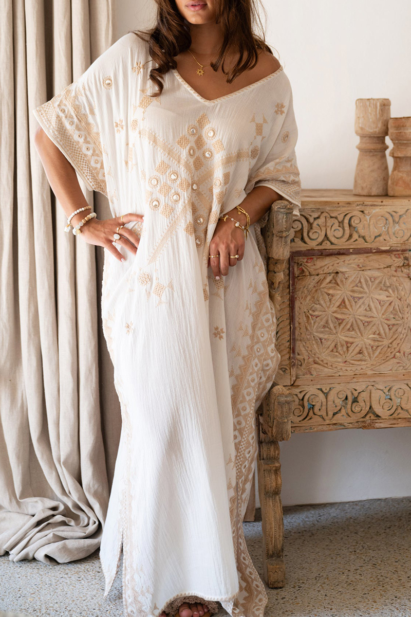 Women V-neck Printed Half Sleeve Elegant Casual Maxi Dress