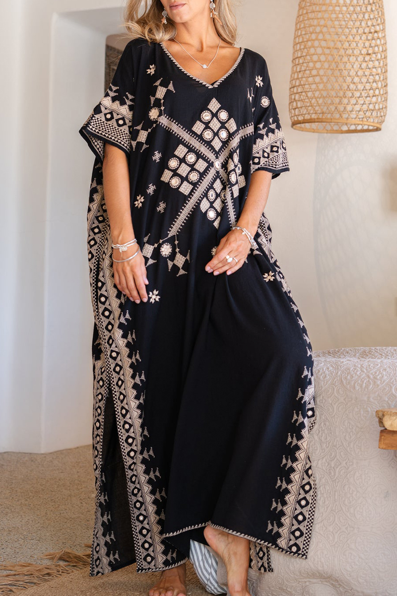 Women V-neck Printed Half Sleeved Slit Elegant Casual Maxi Dress