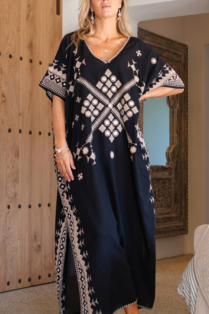 Women V-neck Printed Half Sleeved Slit Elegant Casual Maxi Dress
