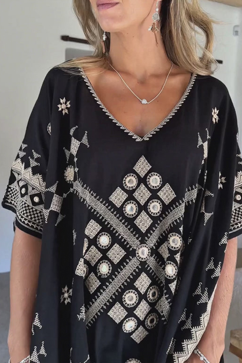 Women V-neck Printed Half Sleeved Slit Elegant Casual Maxi Dress