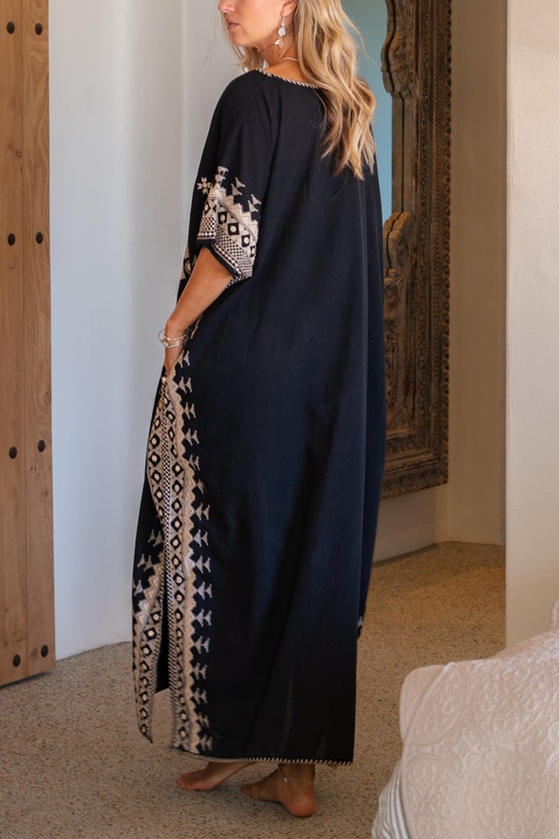 Women V-neck Printed Half Sleeved Slit Elegant Casual Maxi Dress