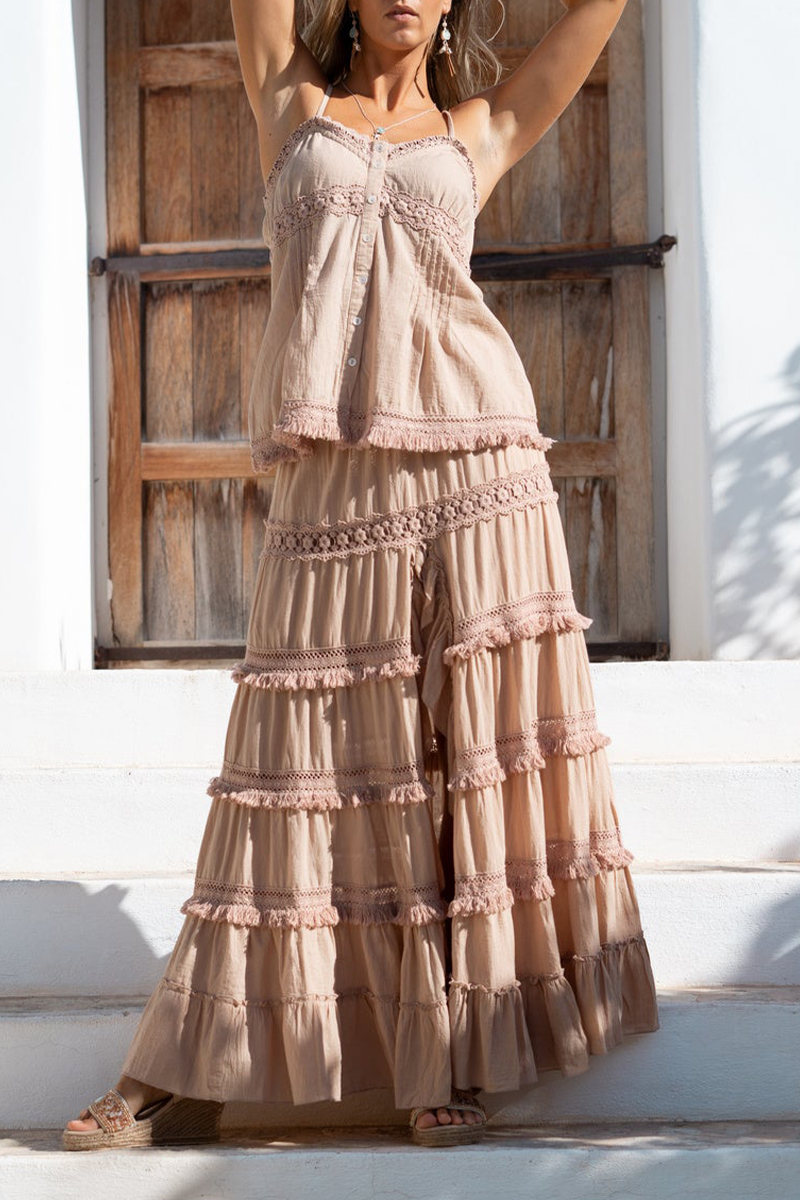 Women Spaghetti Strap Sleeveless Patchwork Top + Slit Skirt Elegant Casual Set