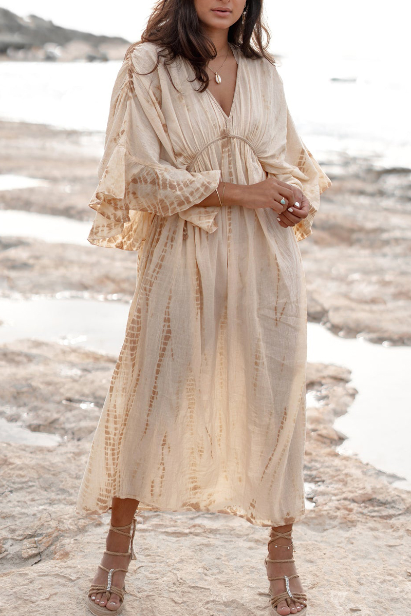 Women V-neck Tie Dye Long Sleeved Casual Elegant Maxi Dress