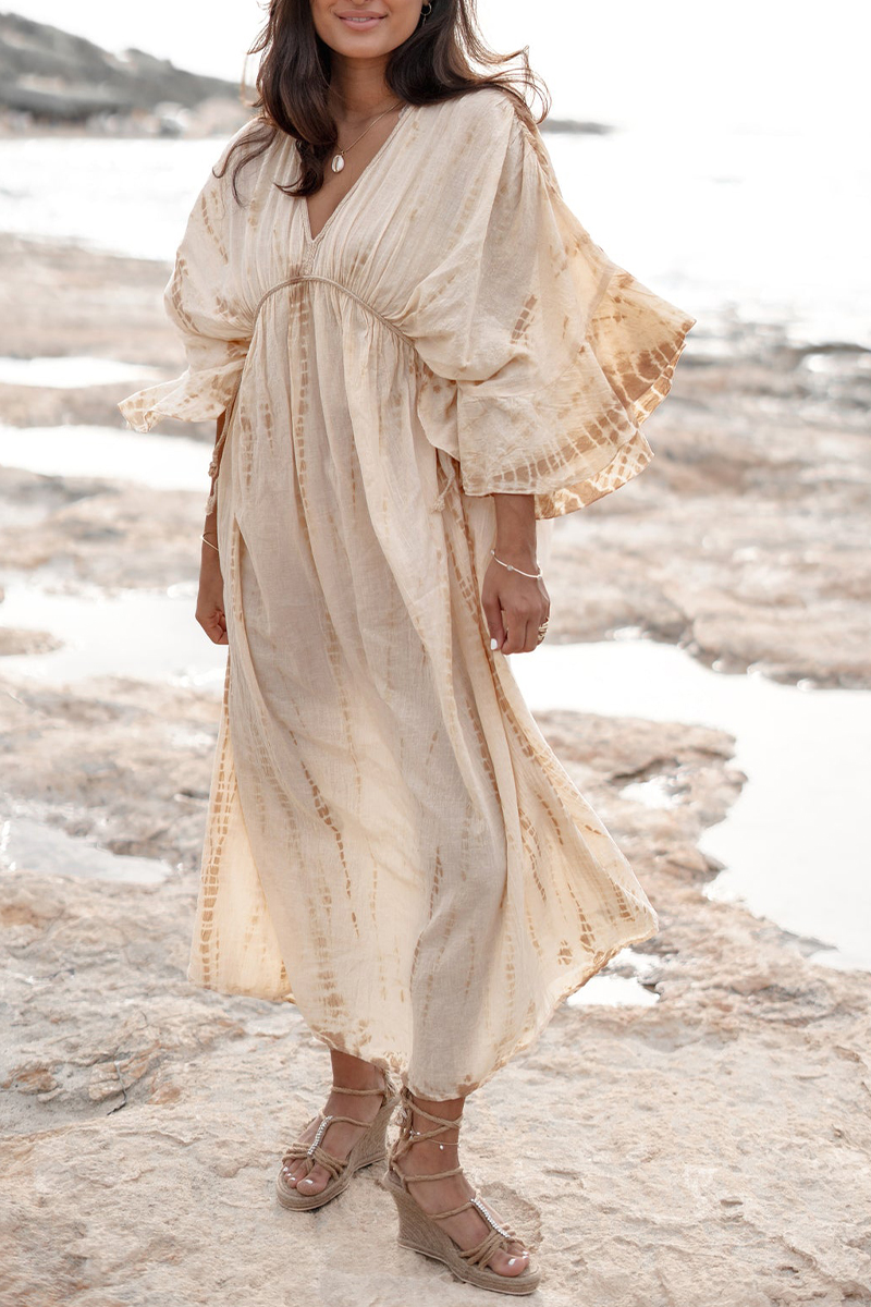 Women V-neck Tie Dye Long Sleeved Casual Elegant Maxi Dress