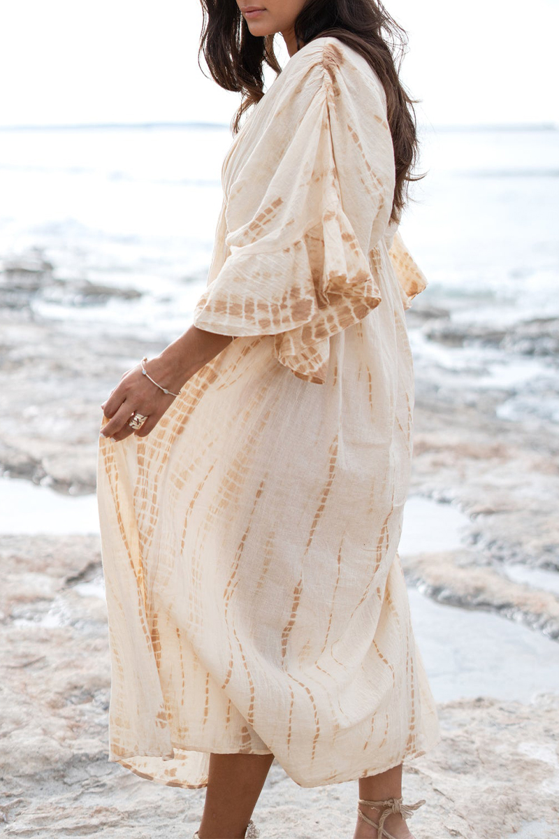 Women V-neck Tie Dye Long Sleeved Casual Elegant Maxi Dress