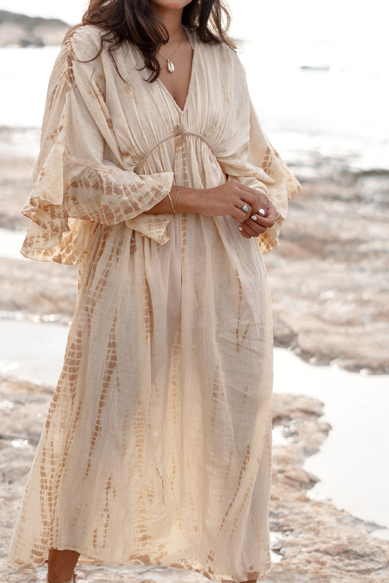 Women V-neck Tie Dye Long Sleeved Casual Elegant Maxi Dress