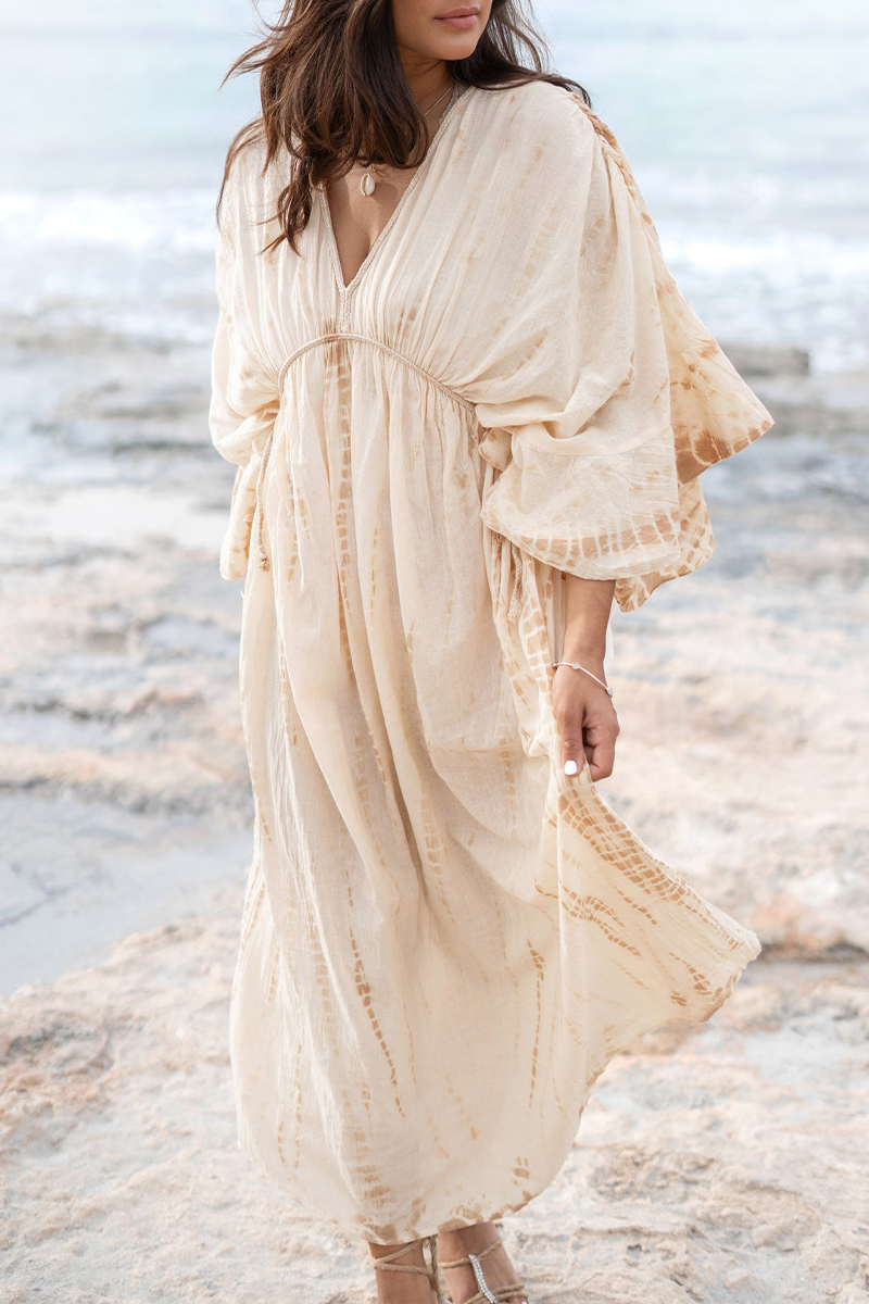 Women V-neck Tie Dye Long Sleeved Casual Elegant Maxi Dress