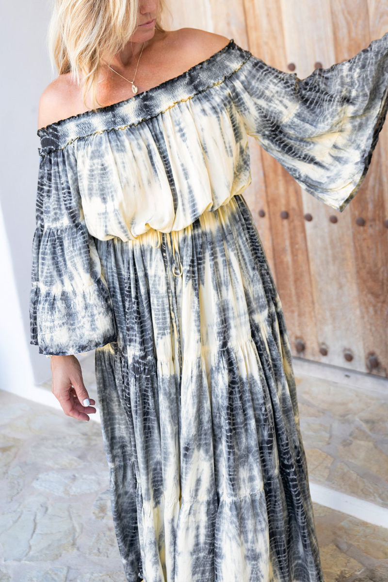 Women Off-shoulder Tie-dye Long-sleeved Elegant Casual Maxi Dress