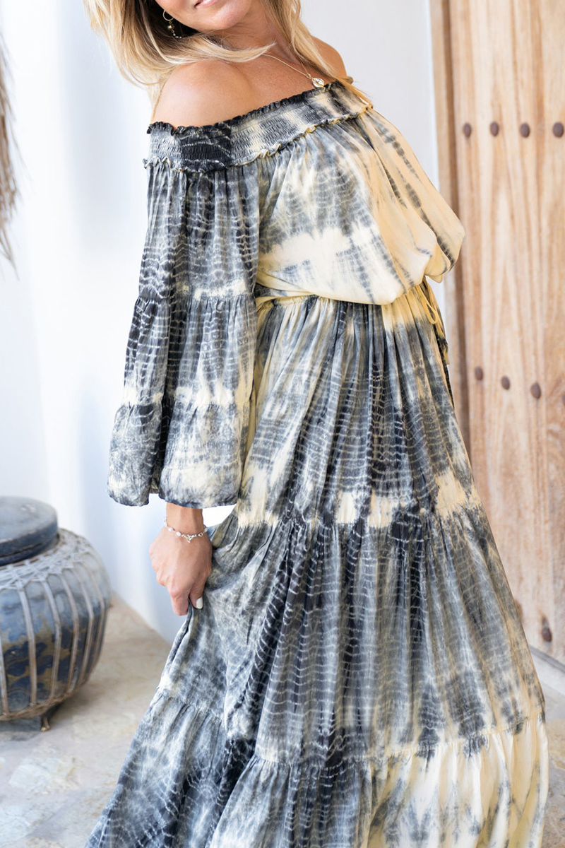 Women Off-shoulder Tie-dye Long-sleeved Elegant Casual Maxi Dress