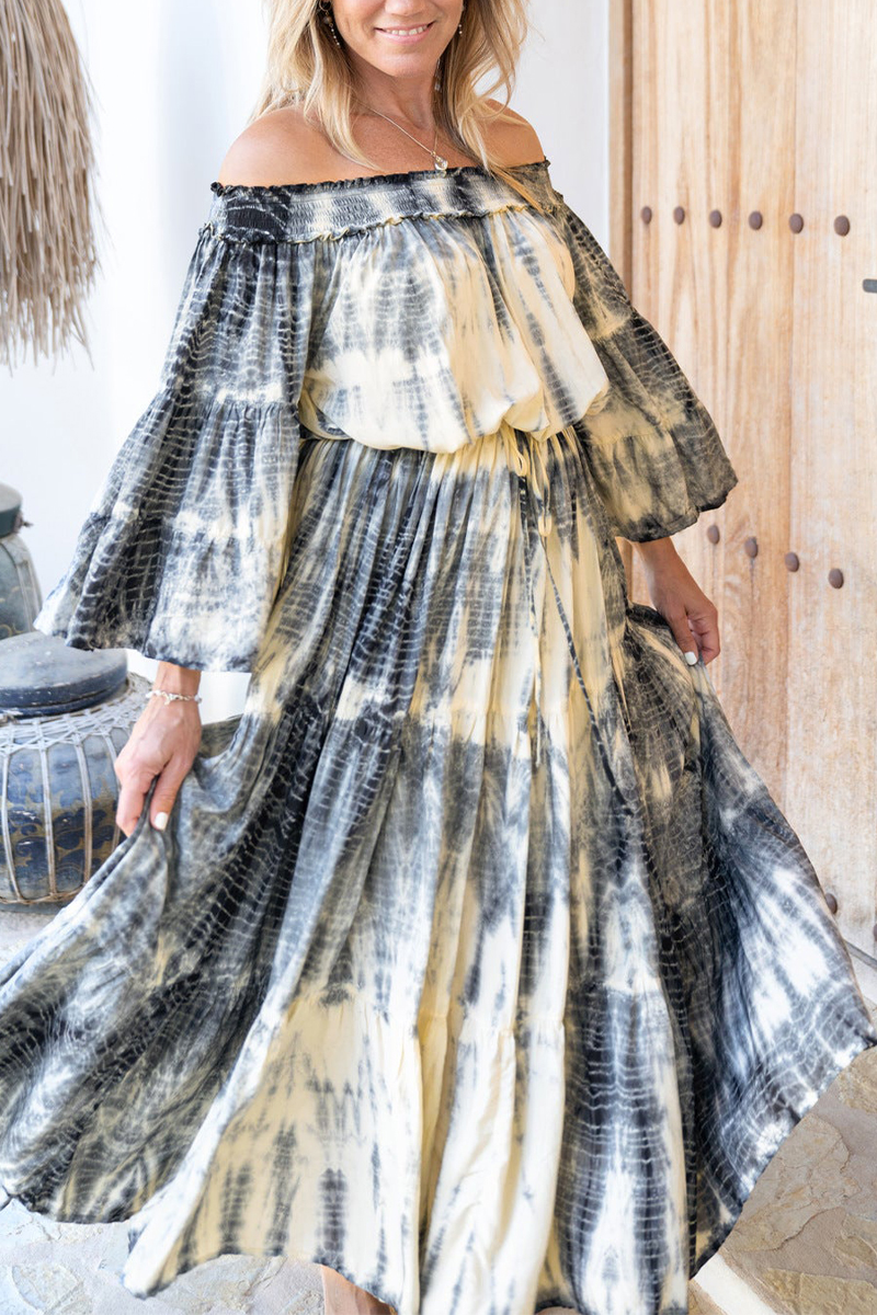 Women Off-shoulder Tie-dye Long-sleeved Elegant Casual Maxi Dress