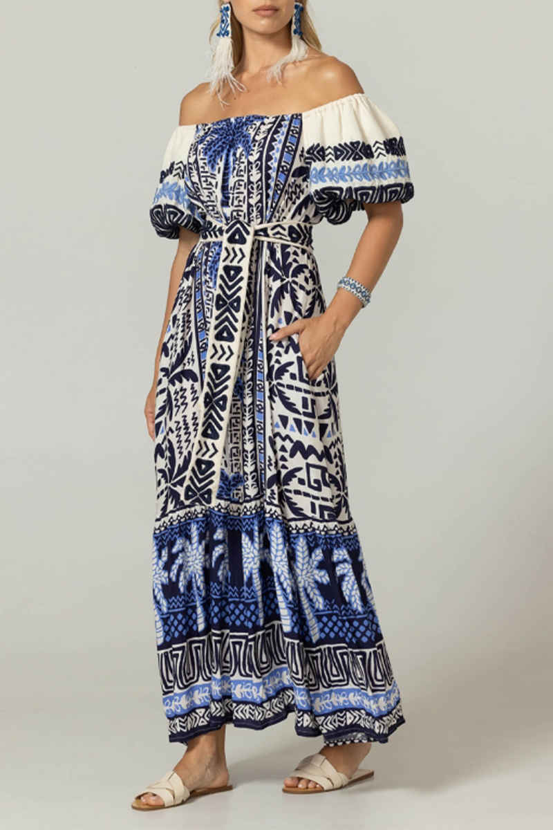 Women One Collar Printed Half Sleeved Elegant Casual Maxi Dress