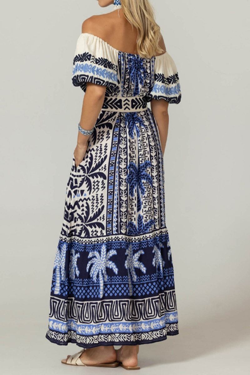 Women One Collar Printed Half Sleeved Elegant Casual Maxi Dress