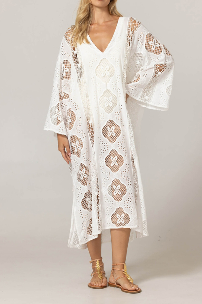 Women V-neck Long Sleeved Hollow Lace Casual Maxi Dress