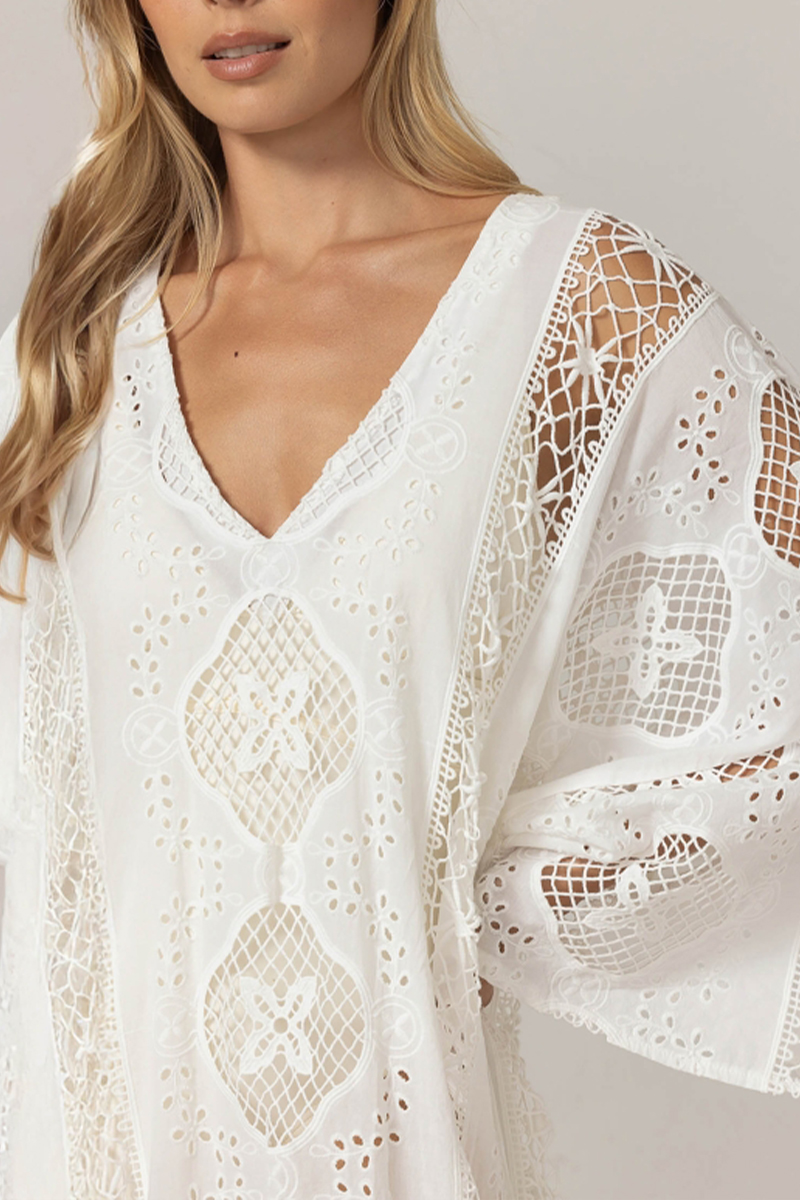 Women V-neck Long Sleeved Hollow Lace Casual Maxi Dress