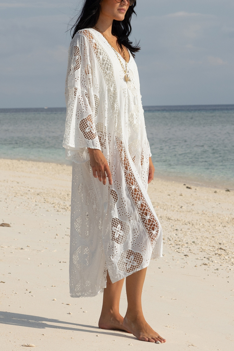 Women V-neck Long Sleeved Hollow Lace Casual Maxi Dress