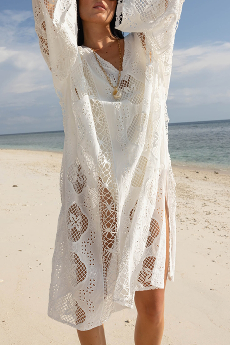 Women V-neck Long Sleeved Hollow Lace Casual Maxi Dress