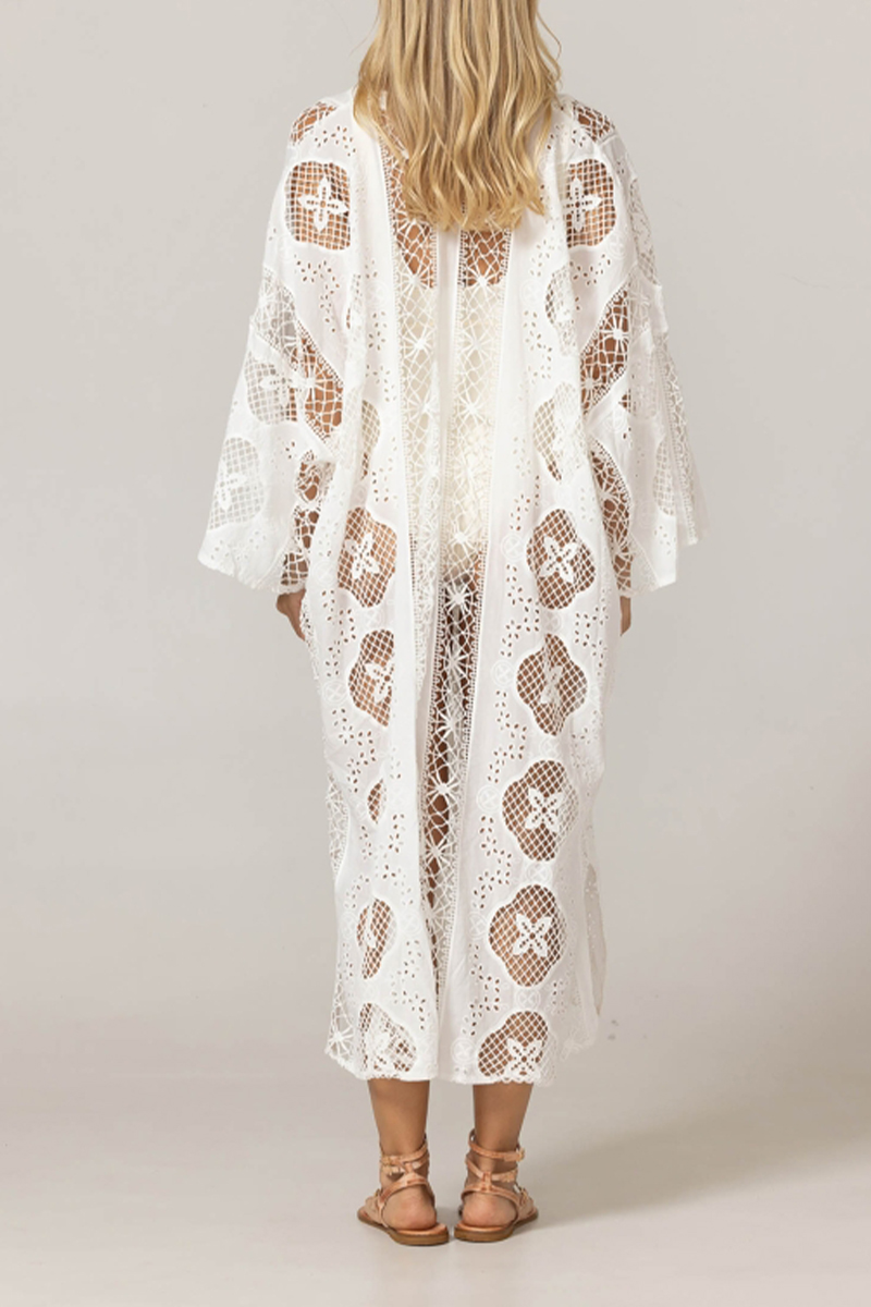 Women V-neck Long Sleeved Hollow Lace Casual Maxi Dress