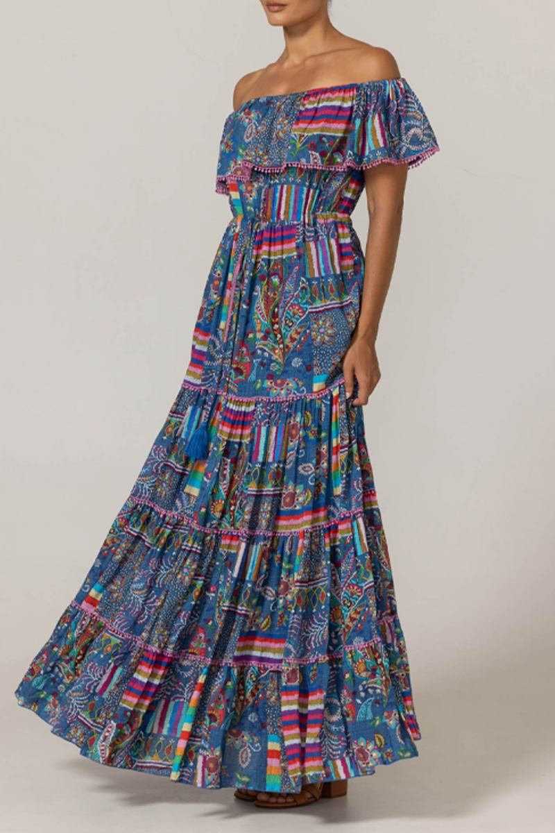 Women One-piece Collar and Short Sleeved Printed Patchwork Elegant Casual Maxi Dress