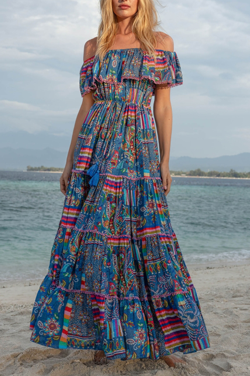 Women One-piece Collar and Short Sleeved Printed Patchwork Elegant Casual Maxi Dress