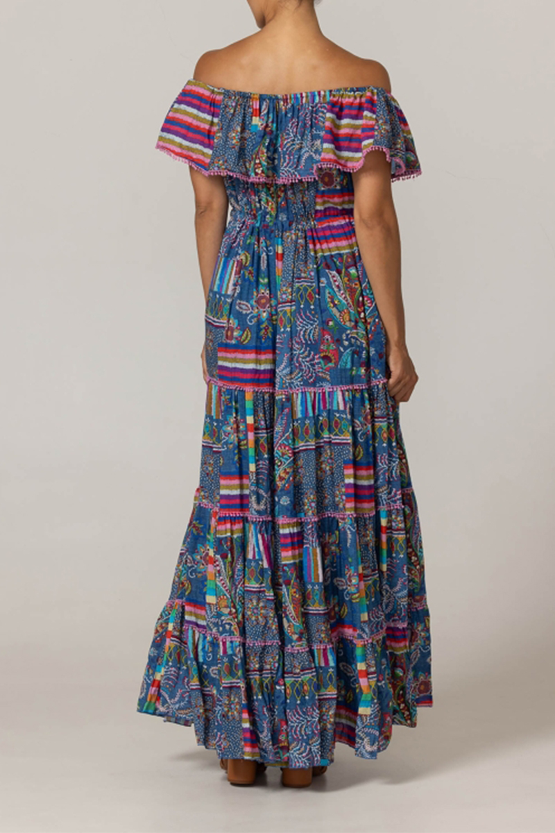 Women One-piece Collar and Short Sleeved Printed Patchwork Elegant Casual Maxi Dress