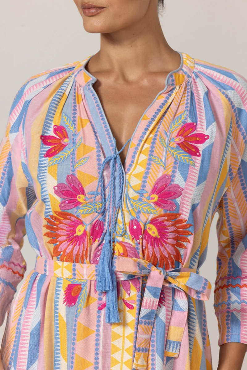 Women V-neck Elbow Long Sleeved Patchwork Embroidered Elegant Casual Maxi Dress