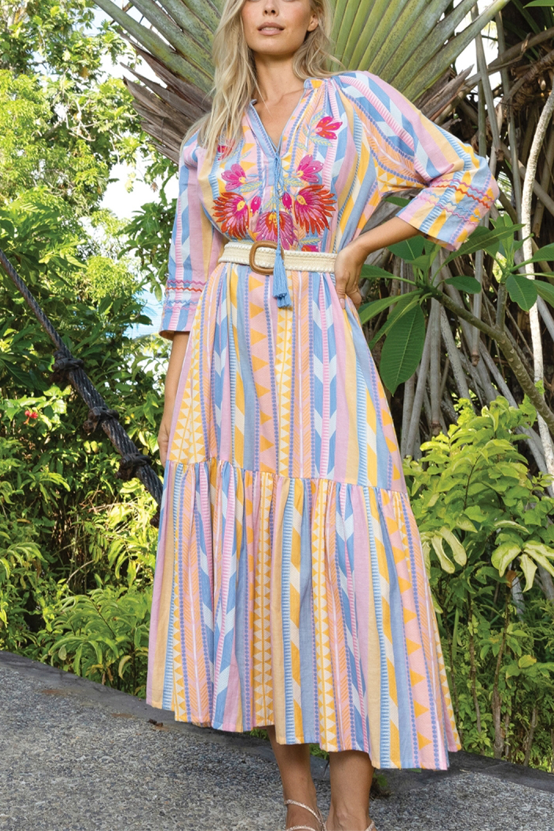 Women V-neck Elbow Long Sleeved Patchwork Embroidered Elegant Casual Maxi Dress