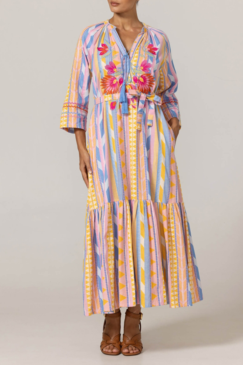 Women V-neck Elbow Long Sleeved Patchwork Embroidered Elegant Casual Maxi Dress