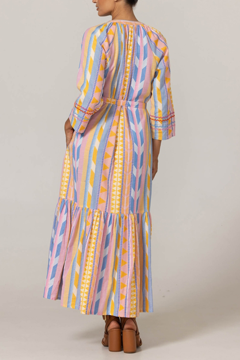 Women V-neck Elbow Long Sleeved Patchwork Embroidered Elegant Casual Maxi Dress