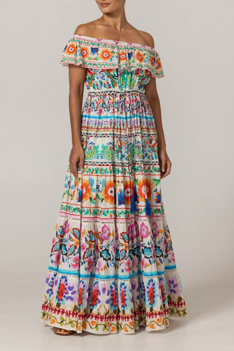 Women One Collar Short Sleeved Printed Elegant Casual Colorful Maxi Dress