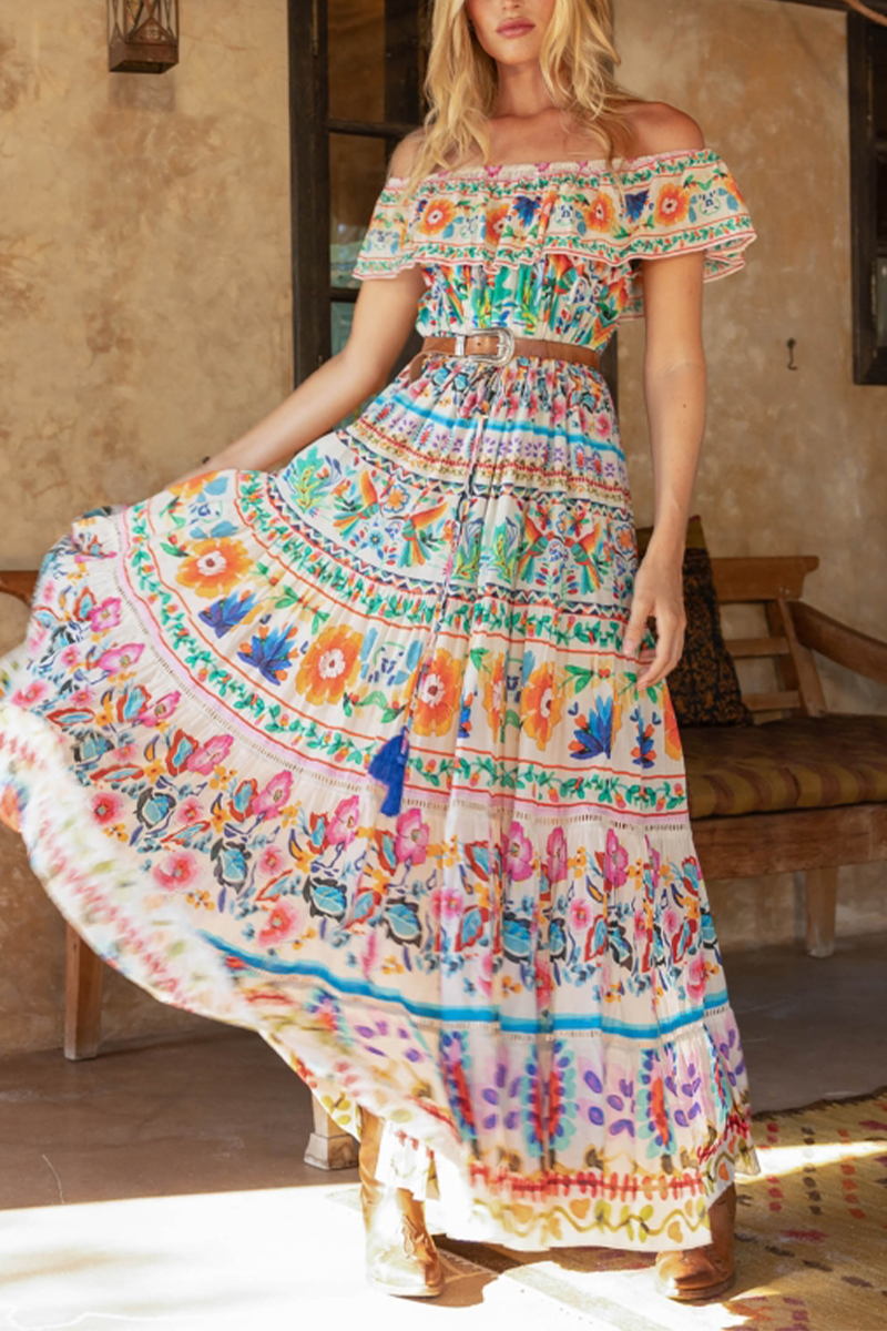 Women One Collar Short Sleeved Printed Elegant Casual Colorful Maxi Dress