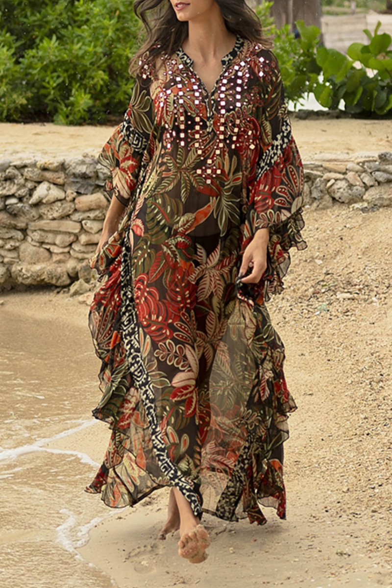 Women V-neck Printed Long Sleeved Patchwork Casual Maxi Dress