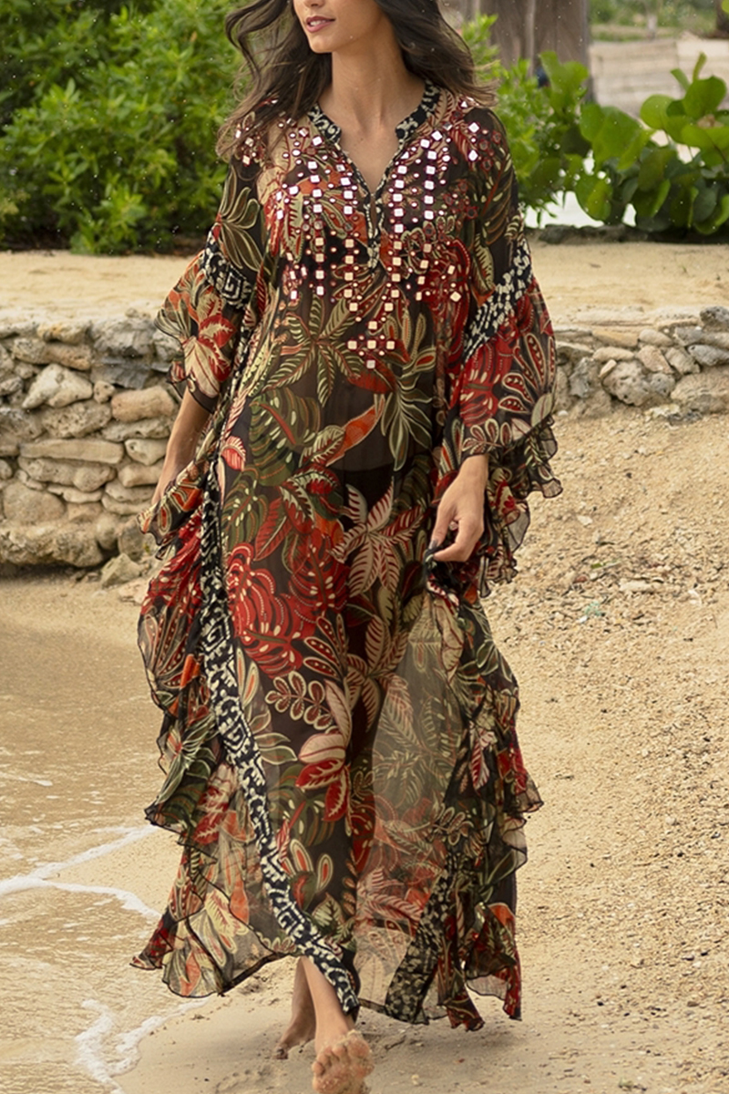 Women V-neck Printed Long Sleeved Patchwork Casual Maxi Dress
