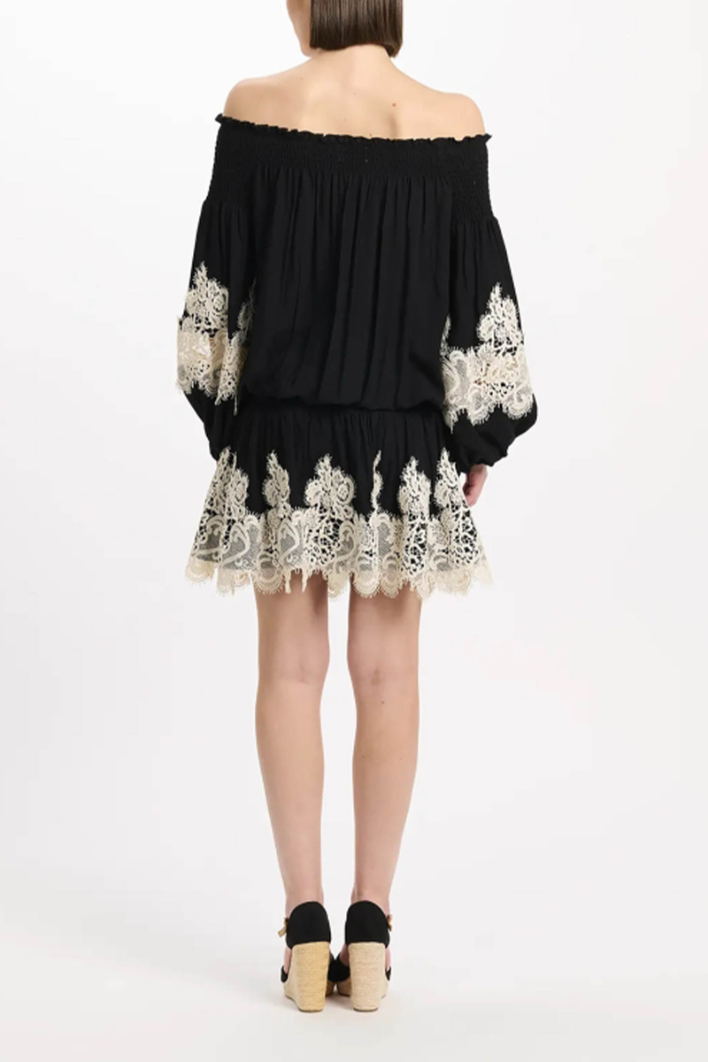 Womens Elegant Casual Mini Dress with Off-the-shoulder Long Sleeves and Lace Trim