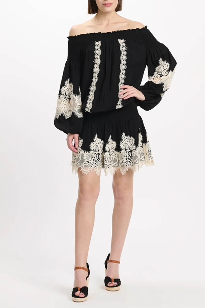 Womens Elegant Casual Mini Dress with Off-the-shoulder Long Sleeves and Lace Trim