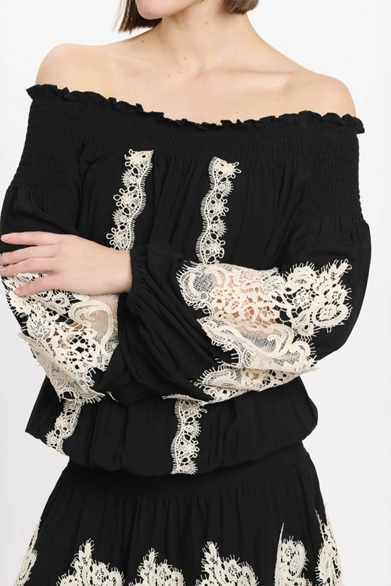 Womens Elegant Casual Mini Dress with Off-the-shoulder Long Sleeves and Lace Trim