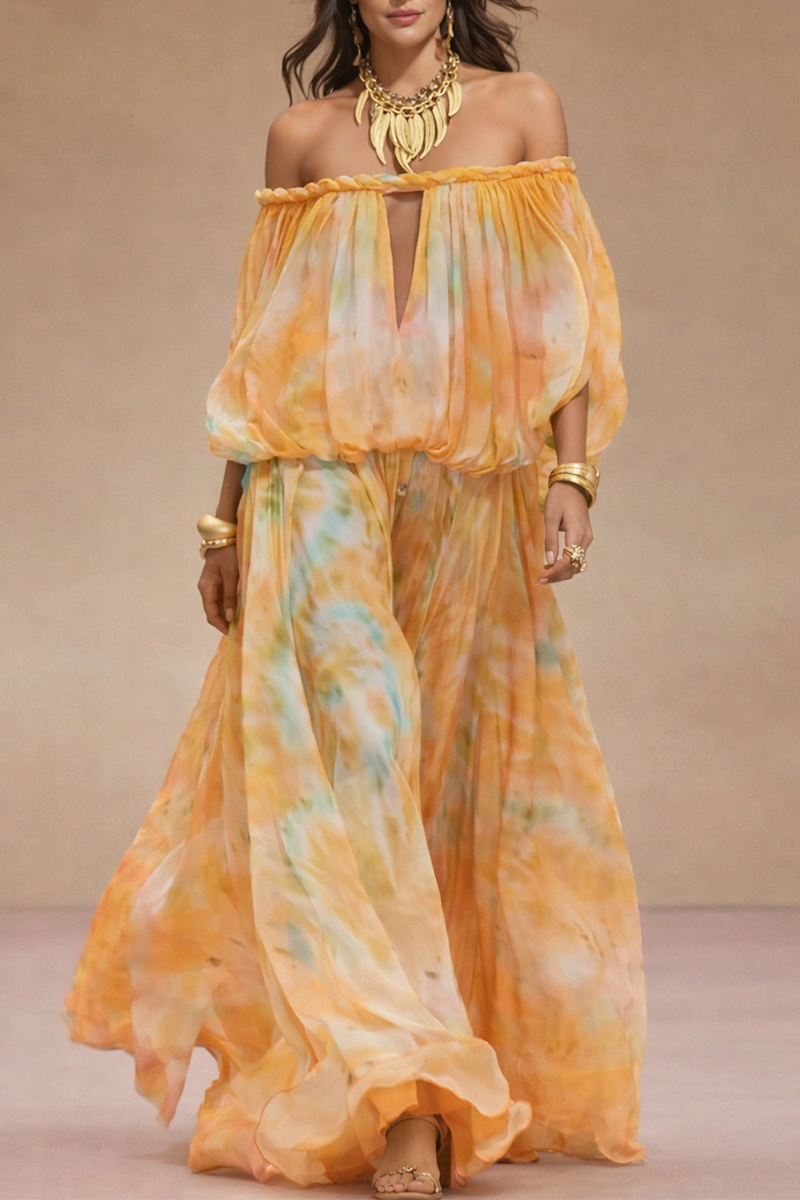 Women One-piece Collar Elasticated Elbow Half Sleeve Dyed Top and Skirts Casual Suit with Temperament