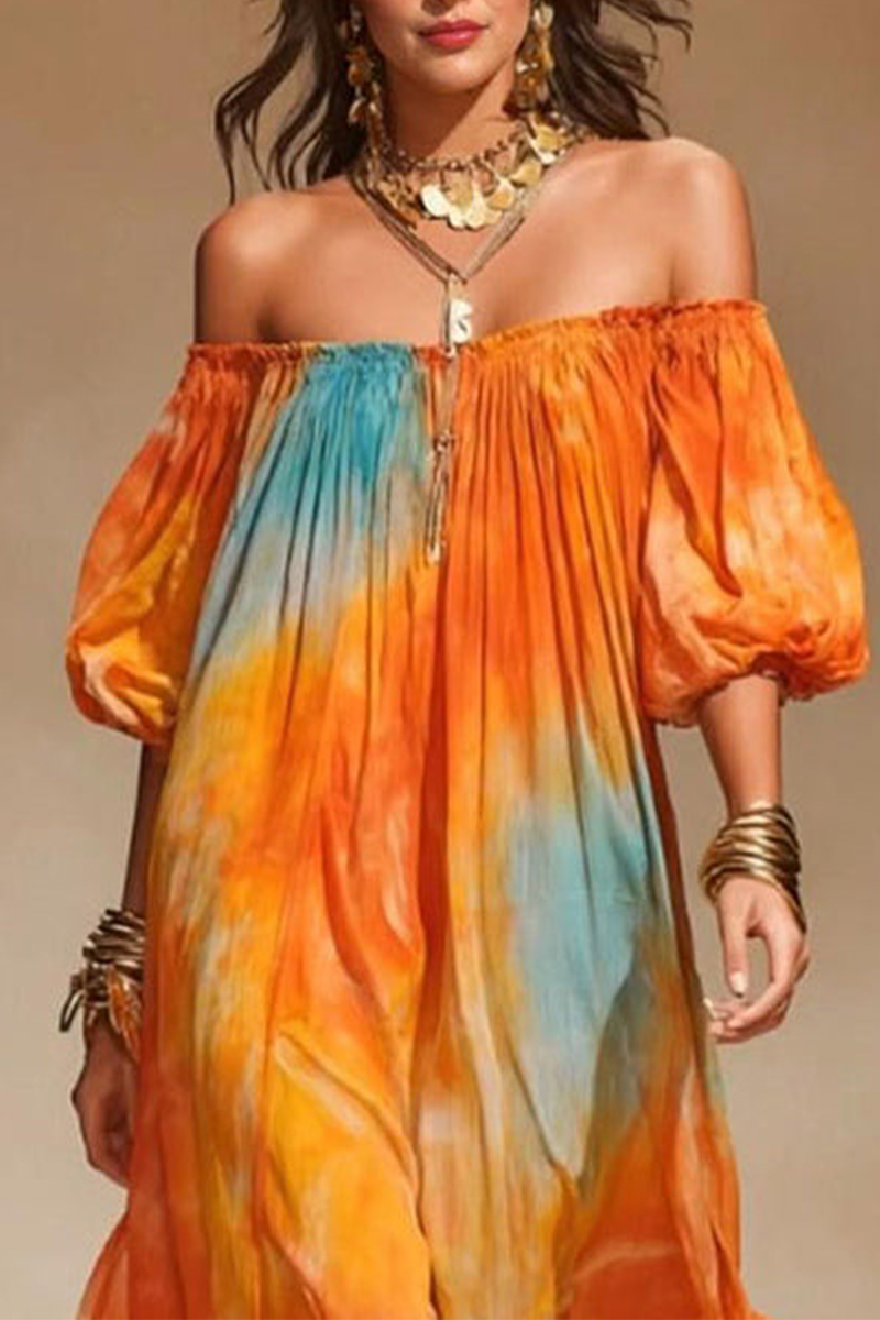 Women One-piece Collar and Half Sleeve Gradient Tie Dye Casual Maxi Dress