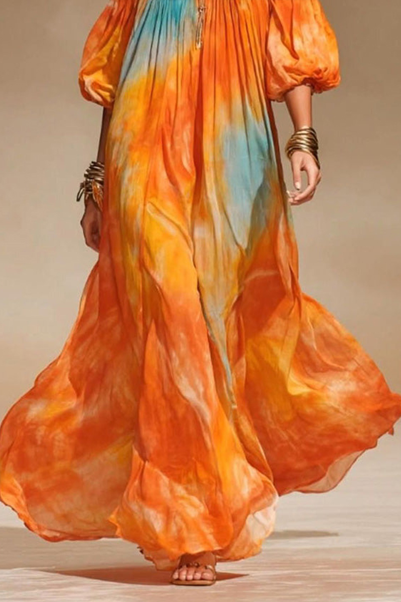 Women One-piece Collar and Half Sleeve Gradient Tie Dye Casual Maxi Dress