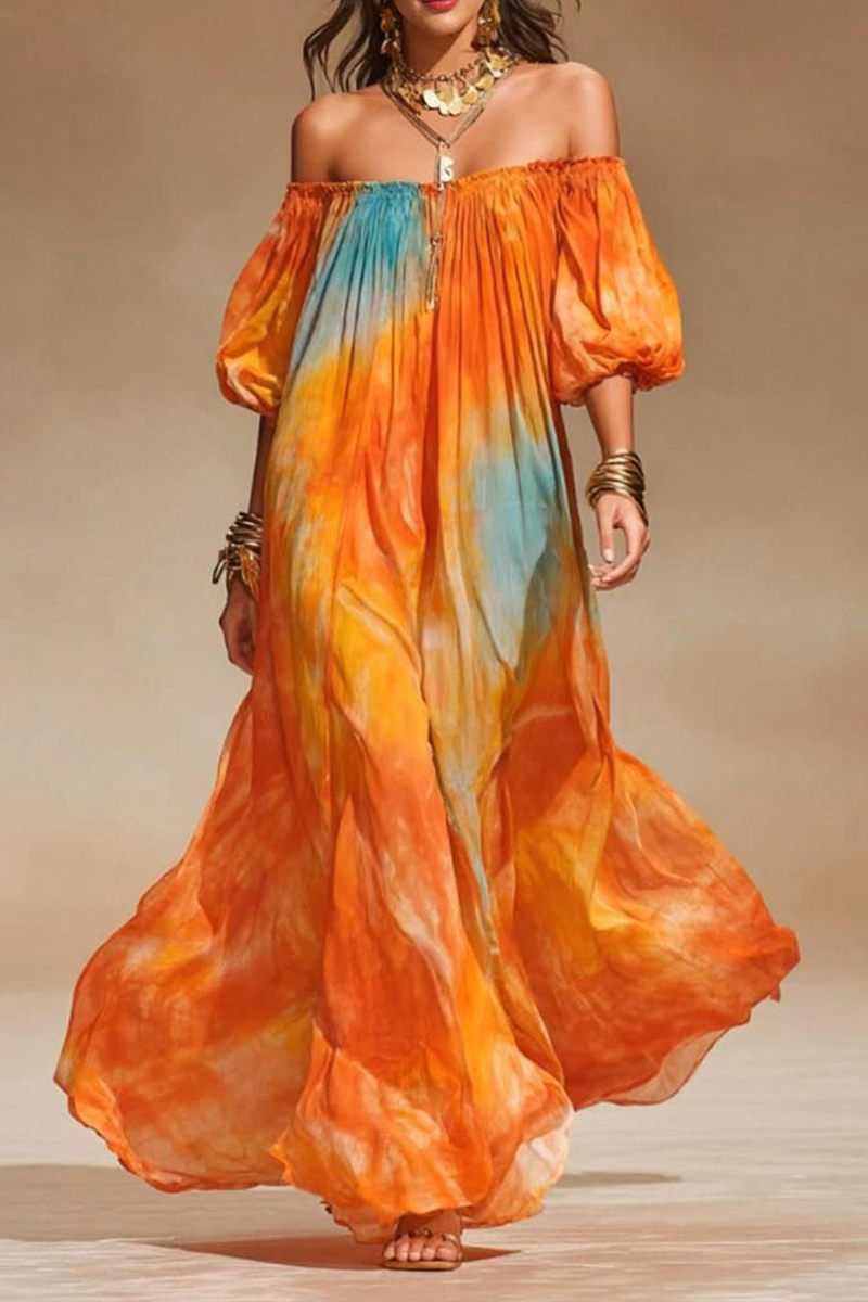 Women One-piece Collar and Half Sleeve Gradient Tie Dye Casual Maxi Dress