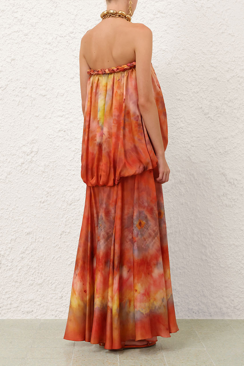 Women Strapless Sleeveless Woven Gradient Tie Dye Casual Maxi Dress