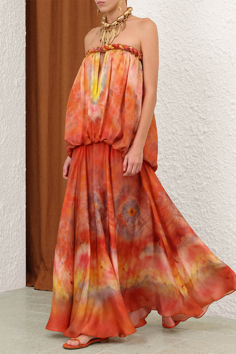 Women Strapless Sleeveless Woven Gradient Tie Dye Casual Maxi Dress