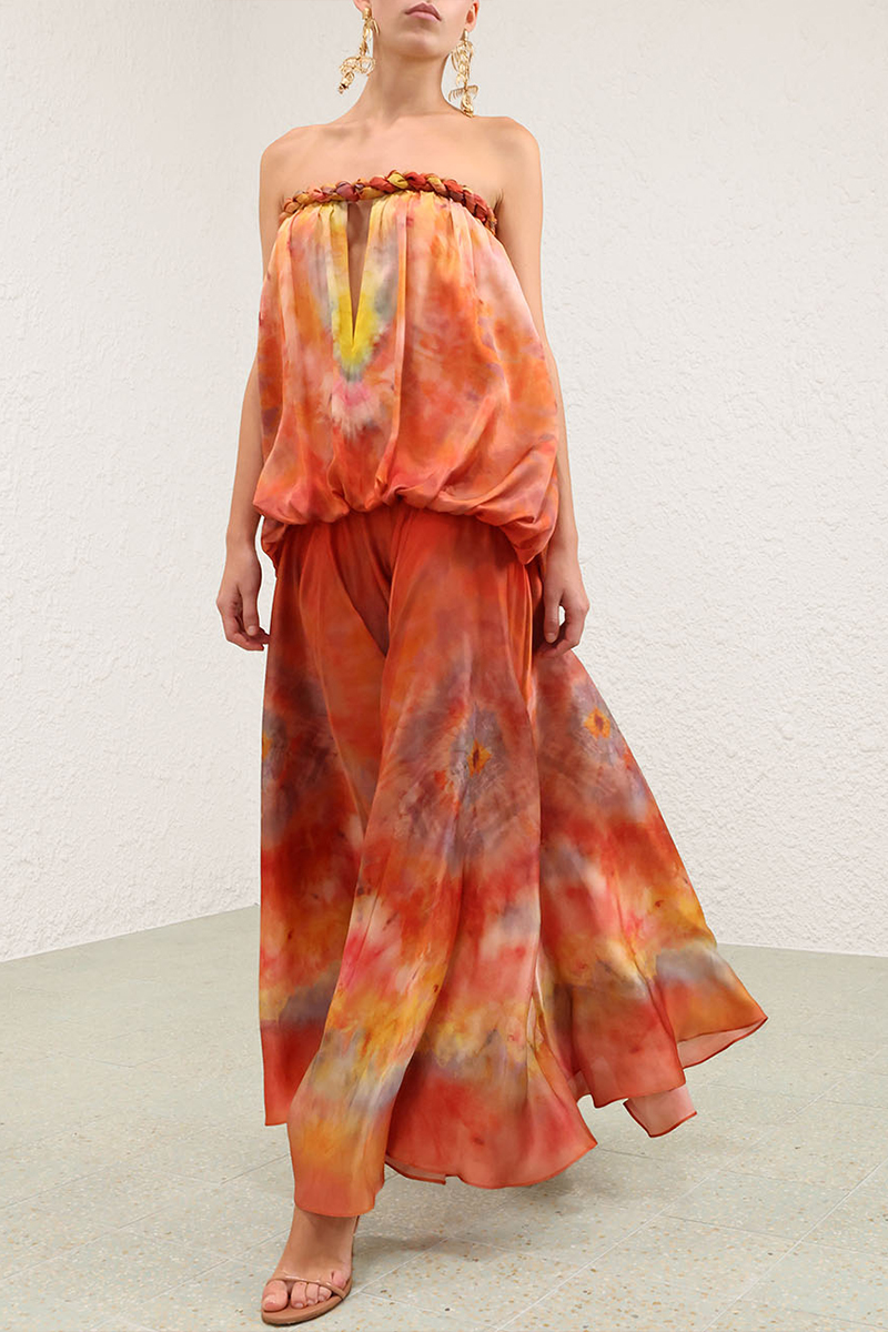 Women Strapless Sleeveless Woven Gradient Tie Dye Casual Maxi Dress
