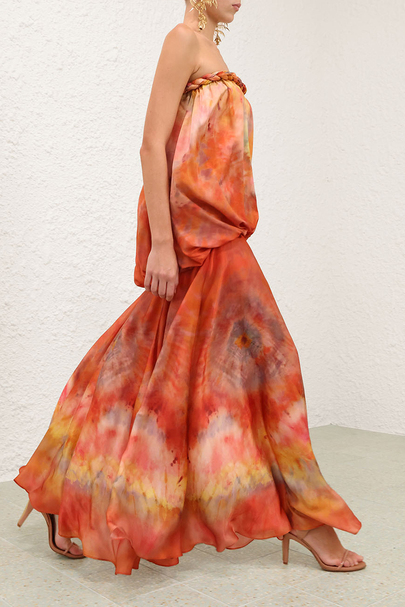 Women Strapless Sleeveless Woven Gradient Tie Dye Casual Maxi Dress