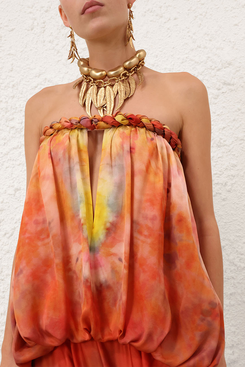 Women Strapless Sleeveless Woven Gradient Tie Dye Casual Maxi Dress